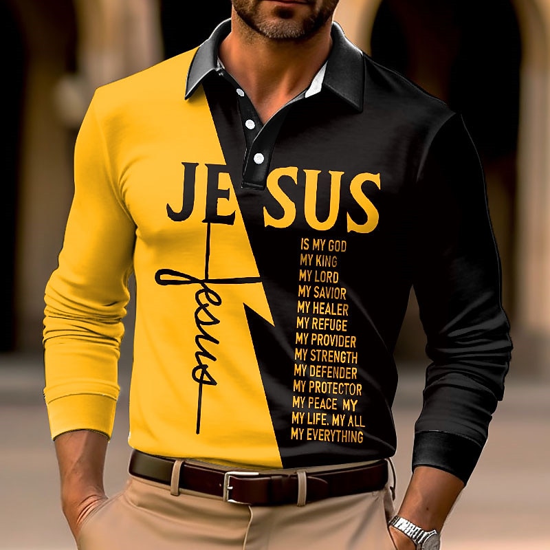 Men's Jesus Christian Polo Shirts Golf Shirt Long Sleeve Polo Shirts Collared Shirts Casual Vacation Wear Party Outfits 3D Print Buttons White Yellow Blue2