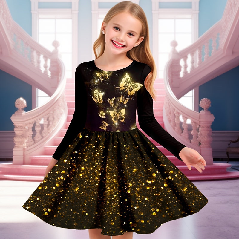 Girls' 3D Butterfly Dress Long Sleeve 3D Print Spring Fall Sports & Outdoor Daily Holiday Cute Casual Beautiful Kids 3-12 Years Casual Dress A Line Dress Above Knee Polyester Regular Fit2