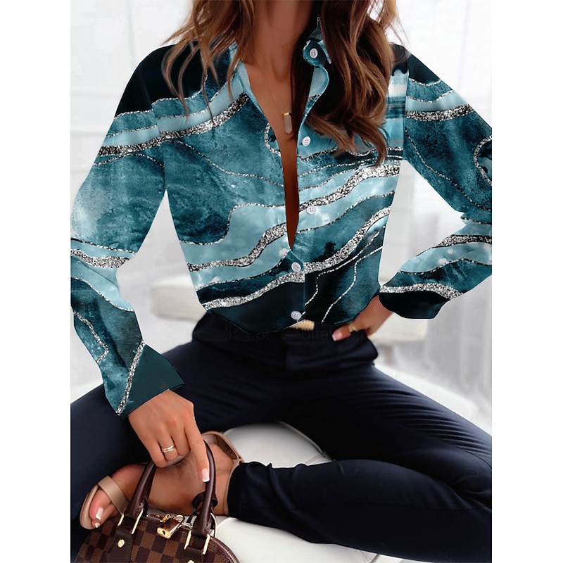Women's Shirt Button Down Tunic Shirt Collar Long Sleeve Fashion Abstract s Print Regular Tops Casual Pink Blue Brown Green Gray Spring & Fall3