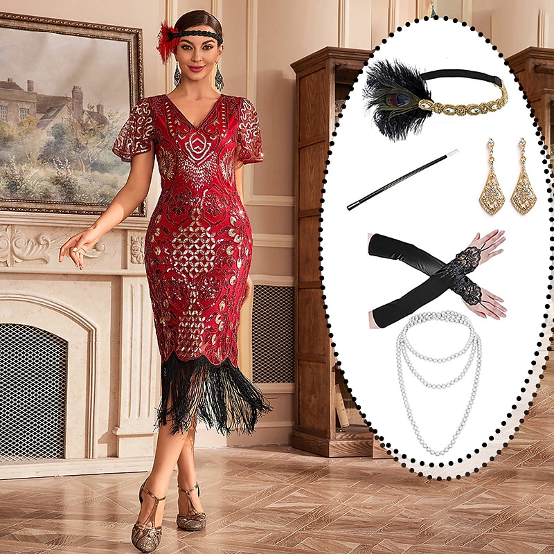 Set with Flapper Dress Feather Headband Long Opera Gloves Necklace Earings Cigarette Holder Women's Roaring 20s 1920s Flapper Girl Cocktail Masquerade Outfits The Great Gatsby Costume4