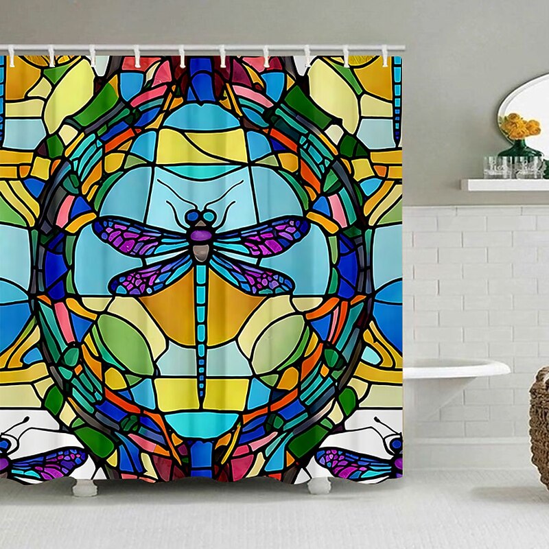 Shower Curtain with Hooks 180cm*180cm(70"*70") Polyester Washable Waterproof Stained Glass Dragonfly Pattern Bathroom Decor3