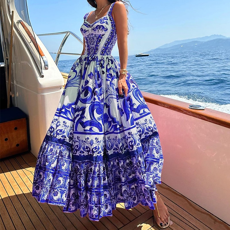 Women's Casual Dress Plants Print Square Neck Long Dress Maxi Dress Classic Party Date Sleeveless Summer Spring3