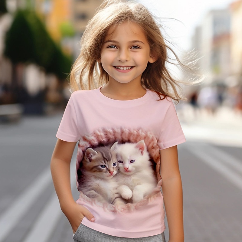 Girls' 3D Cat Tee Shirt Pink Short Sleeve 3D Print Summer Active Fashion Cute Polyester Kids 3-12 Years Crew Neck Outdoor Casual Daily Regular Fit4