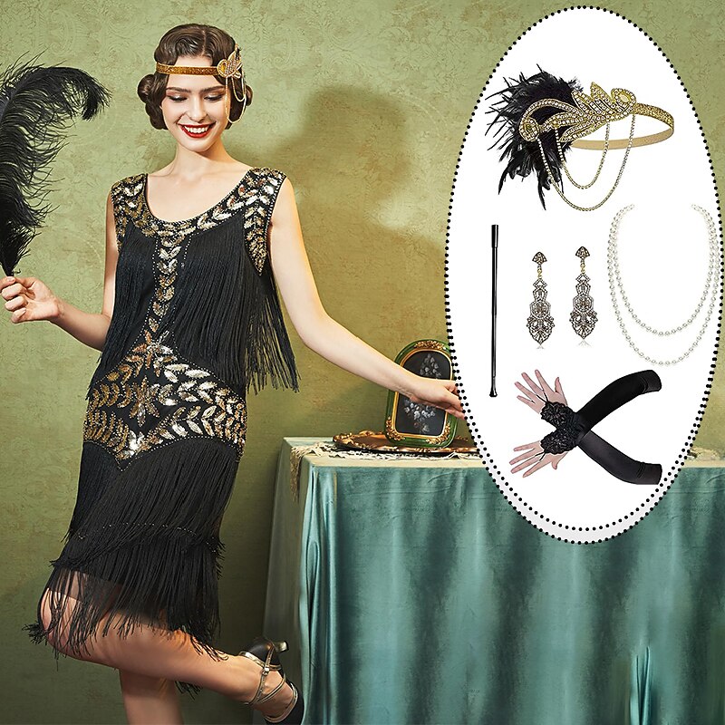 Set with Flapper Dress Feather Headband Faux Pearl Necklace Long Opera Gloves Cigarette Holder Earings Women's Roaring 20s 1920s Outfits Cocktail Dress Gatsby Flapper Girl Masquerade Party Costumes