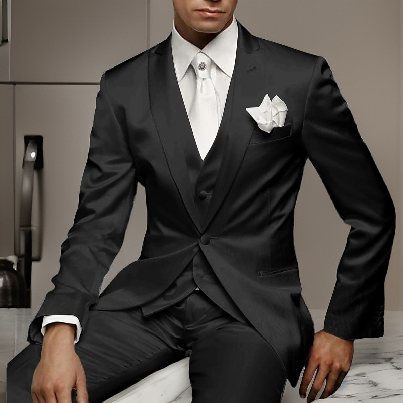 Men's Homecoming Wedding Party Suits Peaked Lapel Notch Black White Solid Colored Tailored Fit 3 Piece Single Breasted One-button4