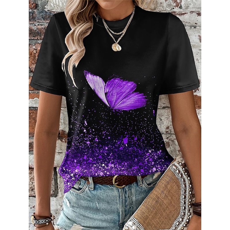 Women's T Shirt Butterfly Fashion Short Sleeve Round Neck Regular Tops Daily Weekend Print Blue Purple Fuchsia Light Blue Summer4