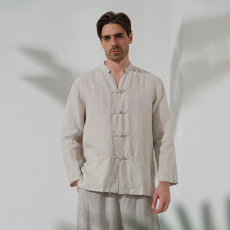 100% Linen Pocket Men's Shirt Linen Shirt Black White Dark Blue Long Sleeve Plain Standing Collar Spring &  Fall Outdoor Daily Clothing Apparel