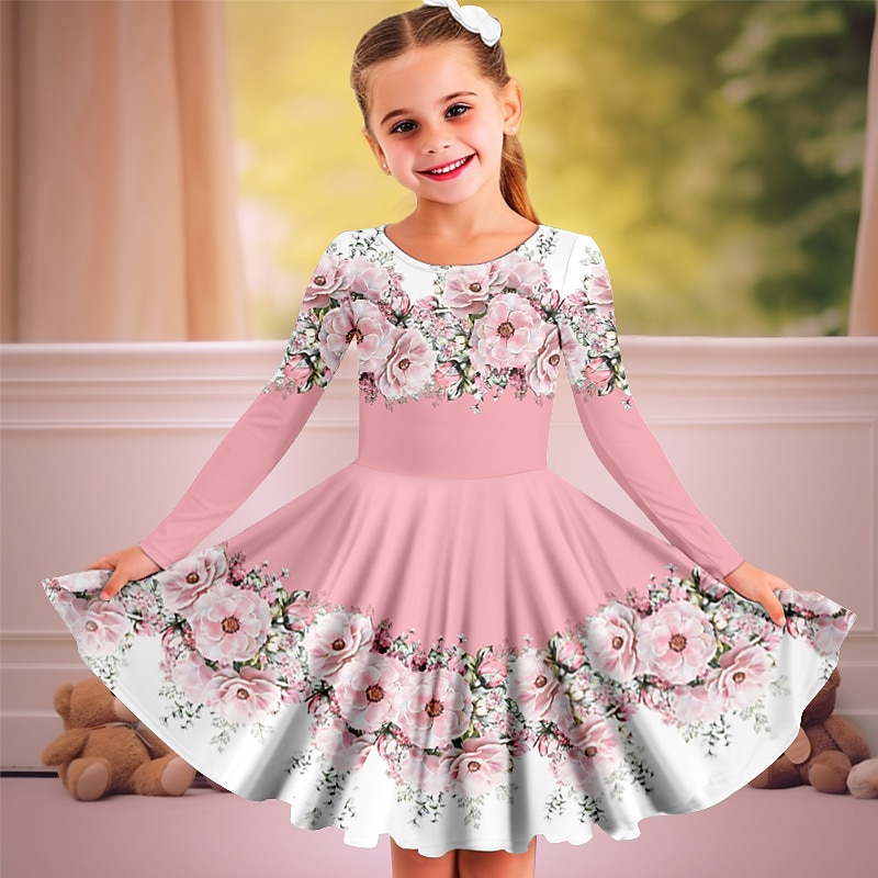 Easter Carnival Girls' 3D Floral Dress Pink Long Sleeve 3D Print Spring Fall Vacation Sports & Outdoor Daily Cute Casual Beautiful Kids 3-12 Years Casual Dress A Line Dress Above Knee Regular Fit