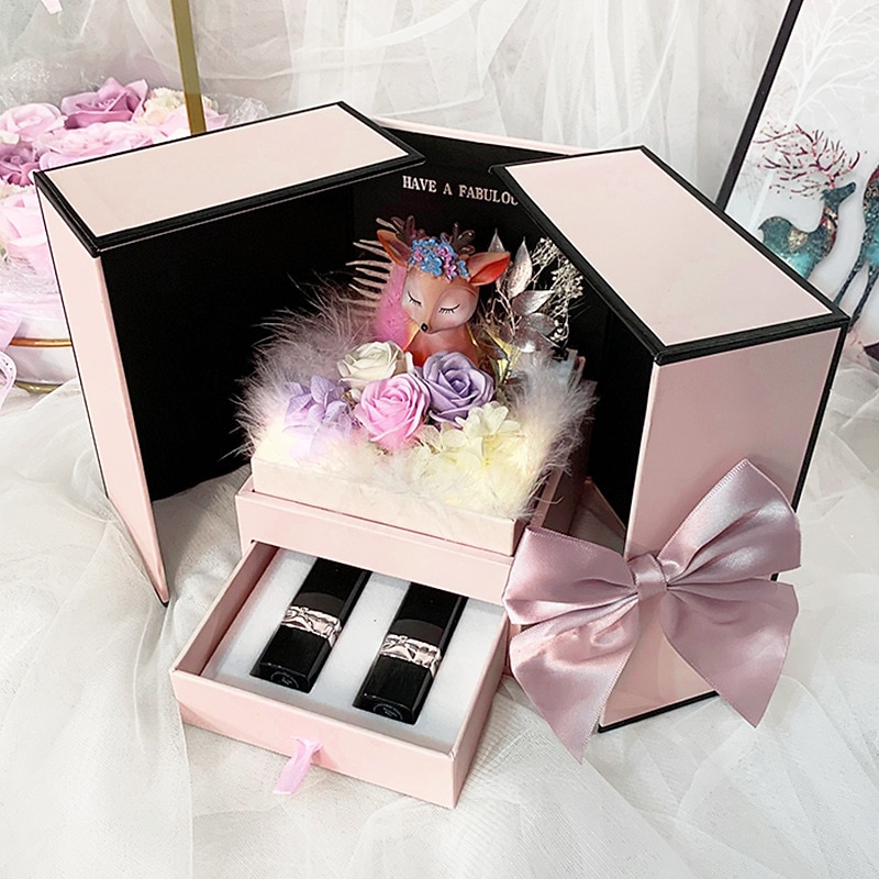 Rose Soap Flower Lipstick Gift Box with Hand Gift Deer Gift Box Qixi Valentine's Day Gift Double Door Necklace Gift Box (Gift box only)3