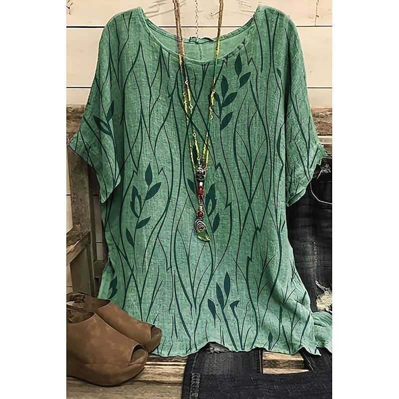 Women's Shirt Boho Shirt Blouse Fashion Print Short Sleeve Regular Tops Round Neck Casual Holiday Yellow Pink Blue Green Summer3