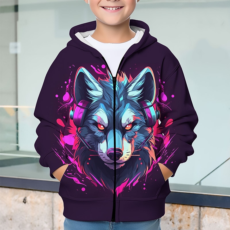 Carnival Boys 3D Wolf Hoodie Coat Outerwear Long Sleeve Fall Winter Active Streetwear Cool Polyester Kids 3-12 Years Zip Street Daily Regular Fit2