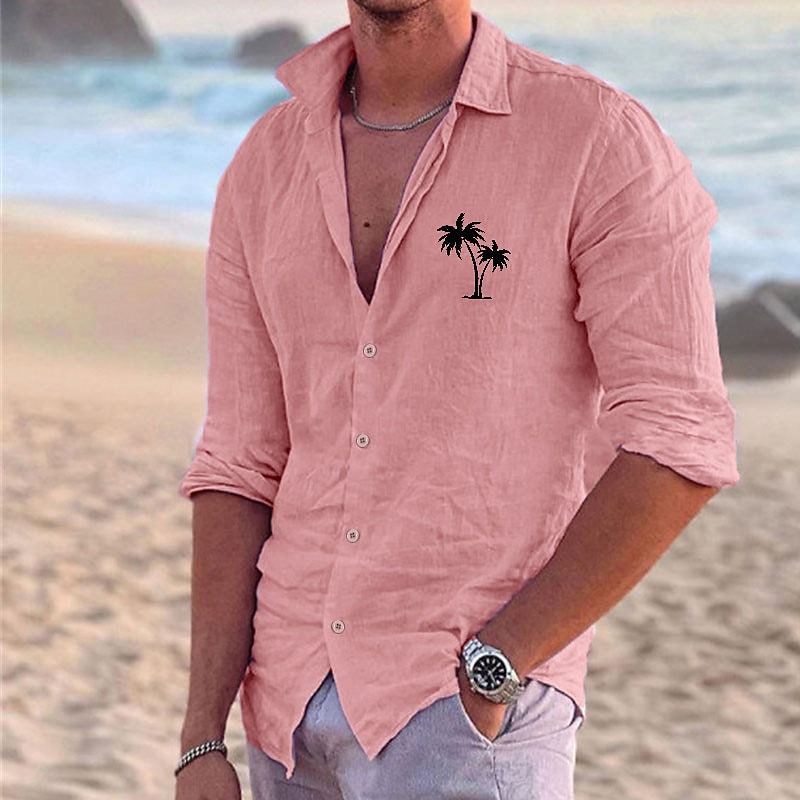 Men's Shirt Linen Shirt Beach Shirt Coconut Tree Outdoor Vacation White Pink Blue Green Long Sleeve Turndown Summer Spring Clothing Apparel Print2