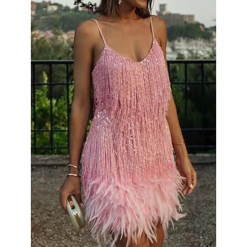 Women's Sequin Dress Fringe Dress Party Dress Sequins Tassel Fringe Spaghetti Strap Sleeveless Mini Dress Wedding Guest Gift White Pink Summer Spring2