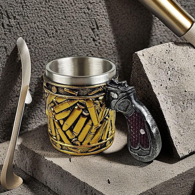 Stainless Steel Bullet Pattern Beer Mug, Steel Bullet Coffee Mugs Pistol Shape Handle Coffee Mug for Boyfriend, Father, Chritmas Xmas Gift2