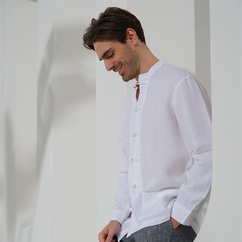 100% Linen Pocket Men's Shirt Linen Shirt Black White Navy Blue Long Sleeve Plain Standing Collar Spring &  Fall Outdoor Daily Clothing Apparel4