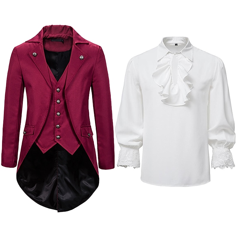 Set with Tailcoat Tuxedo Coat Pirate Ruffle Shirts 2 PCS Men's Punk Gothic Medieval Steampunk 18th Century Outfits Tuxedo Trench Coat Men's Carnival Event Party Vampire Cosplay Costume
