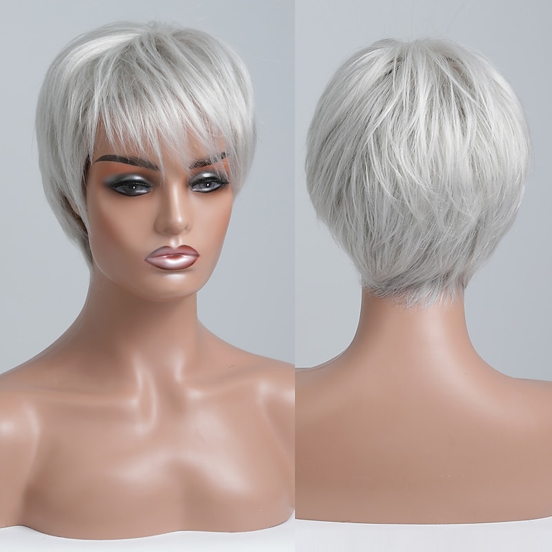 Human Hair Blend Wig Short Straight Natural Straight Pixie Cut Side Part Layered Haircut Asymmetrical White Brown Cosplay Curler & straightener Natural Hairline Capless Burmese Hair Chinese Hair3