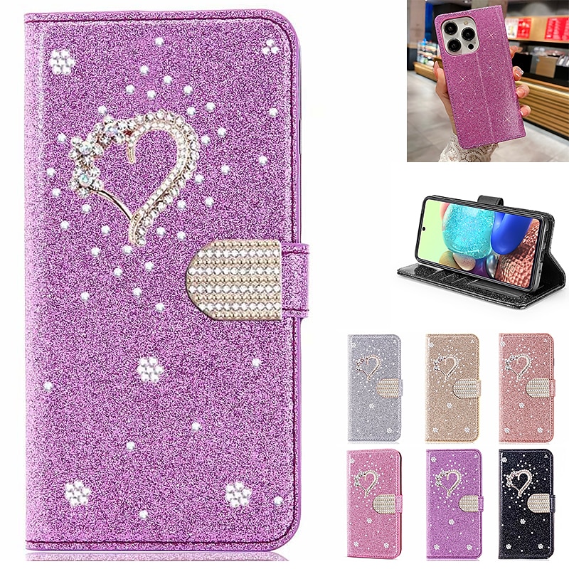 Phone Case For iPhone 17 Pro Max 17 Air 16 15 14 Pro Max Plus 16e 13 12 11 Pro Max Mini Wallet Case Flip Cover with Stand Holder Bling Glitter Shiny Rhinestone PU Leather