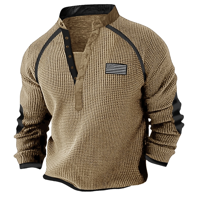 Men's T shirt Tee Henley Shirt Waffle Knit Tee Tee Top Long Sleeve Shirt Color Block National Flag Standing Collar Street Vacation Long Sleeve Patchwork Clothing Apparel Fashion Designer Basic