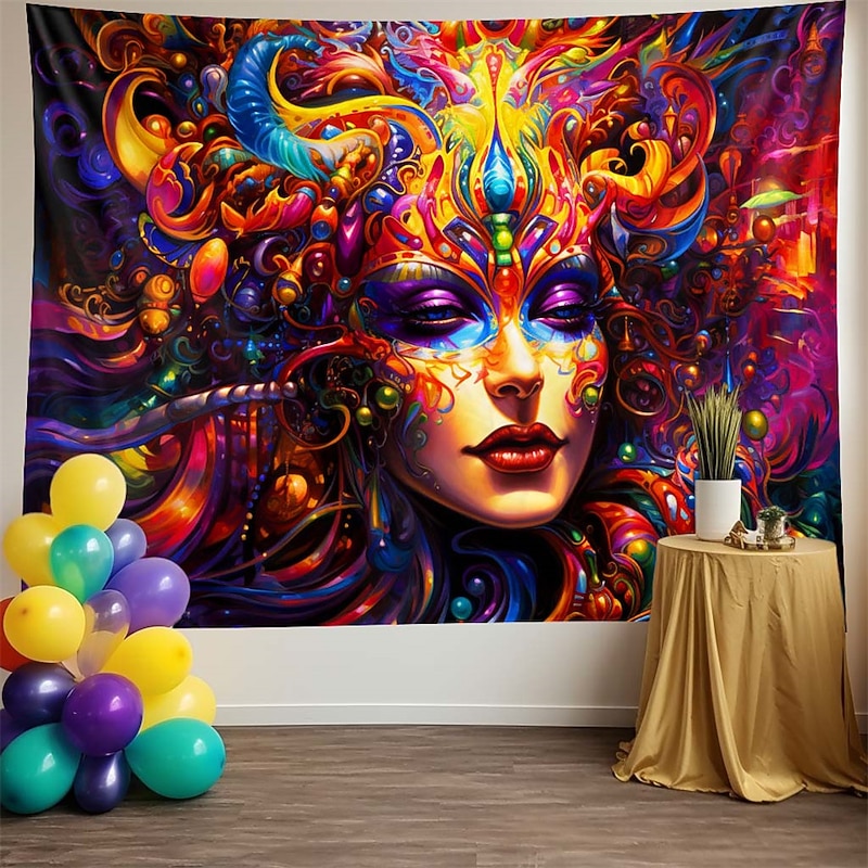 Blacklight Tapestry UV Reactive Glow in the Dark Trippy Woman Misty Glow Party Carnival Hanging Tapestry Wall Art Mural for Living Room Bedroom4