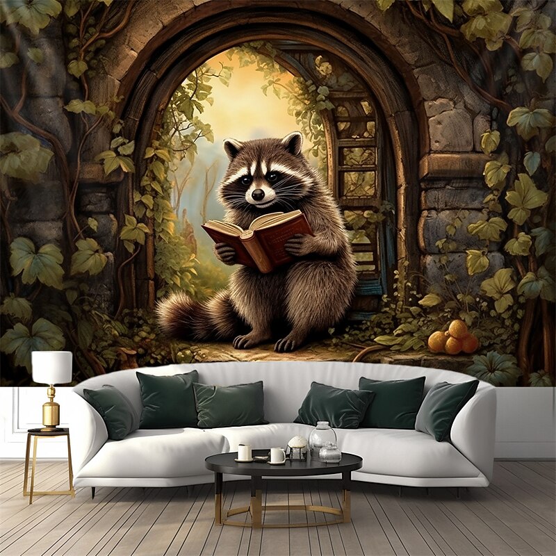 Raccoon Animal Reading Hanging Tapestry Wall Art Large Tapestry Mural Decor Photograph Backdrop Blanket Curtain Home Bedroom Living Room Decoration2