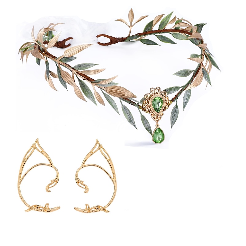 Fairy Leaf Rhinestone Headband and Ear Cuffs Set- Handmade Elf Princess Headpiece Forest Wedding Flower Crown for Women Girls Reneaissance Halloween Cosplay Costume Hair Accessories Photo Props2