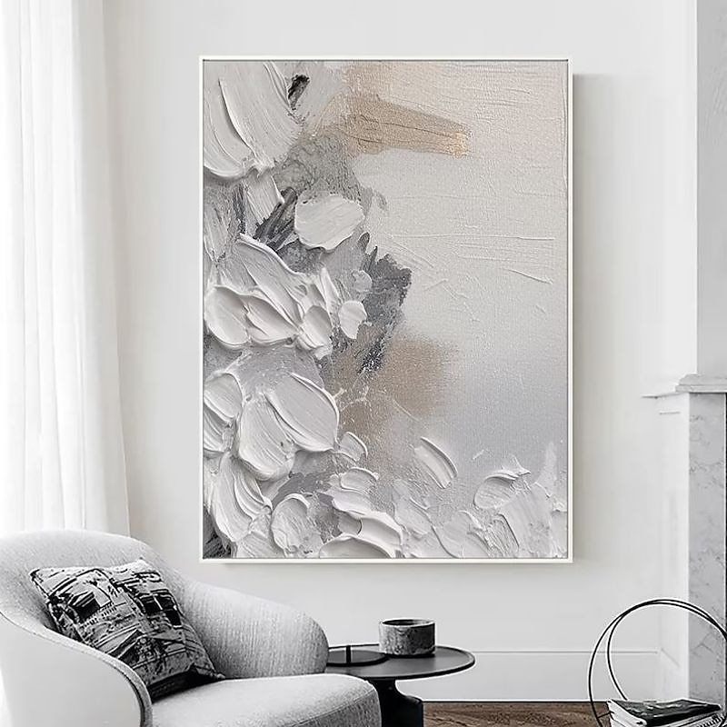 Gray and White Abstract Art Handmade Oil Painting on Canvas Wabi Sabi Wall Art Gray Minimalist Painting 3D Textured Acrylic Painting Home Wall Decor4