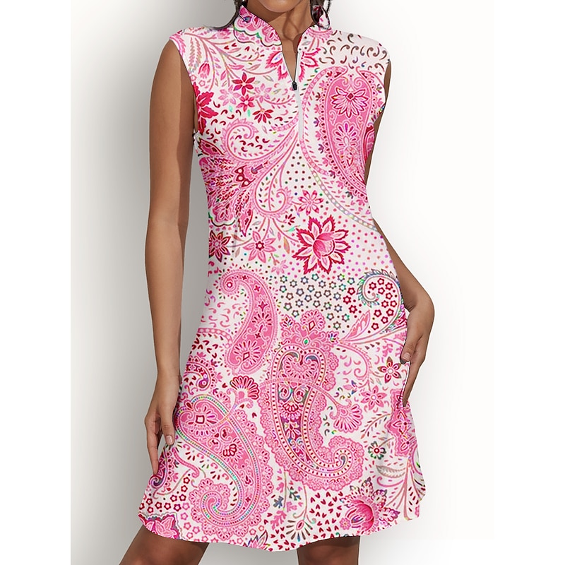 Women's Golf Dress Rose Red Sleeveless Paisley Ladies Golf Attire Clothes Outfits Wear Apparel2