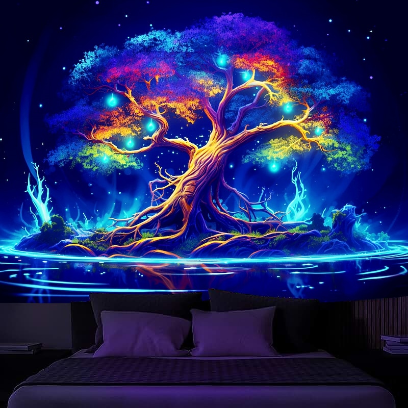 Blacklight Tapestry UV Reactive Glow in the Dark Glow Party Neon Bonsai Nature Psychedelic Trippy Misty Hanging Tapestry Wall Art Mural for Living3