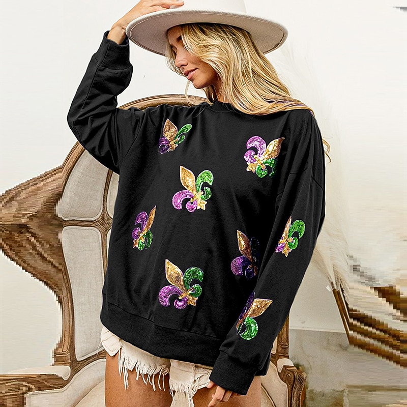 Women's Mardi Gras Shirt Blouse Women's Black White Purple Graphic Sequins Party Casual Active Sportswear Round Neck Regular Fit Carnival Theme3