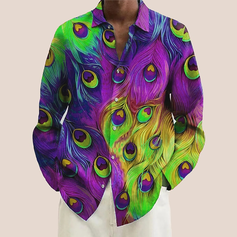 Men's Color Block Geometric Pattern Feathers Shirt Button Up Shirt Long Sleeve Hawaiian Artistic Vacation Casual Daily Weekend Spring & Summer Turndown Print Button-Down Blue Purple Green3