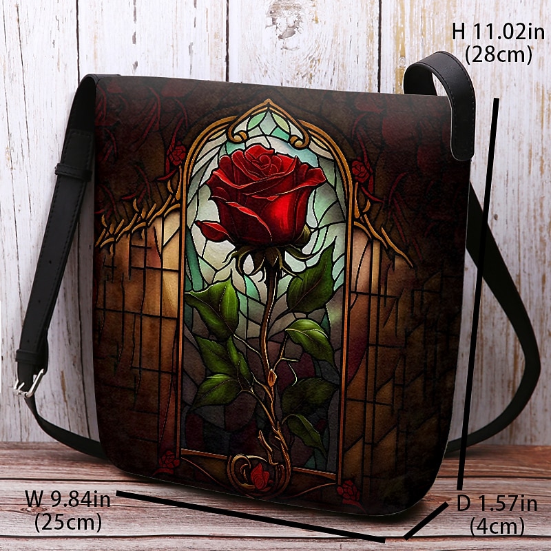 Vintage Rose Stained Glass Crossbody Bag - Gothic Floral Print Shoulder Bag for Women, Ideal for Everyday and Special Occasions3