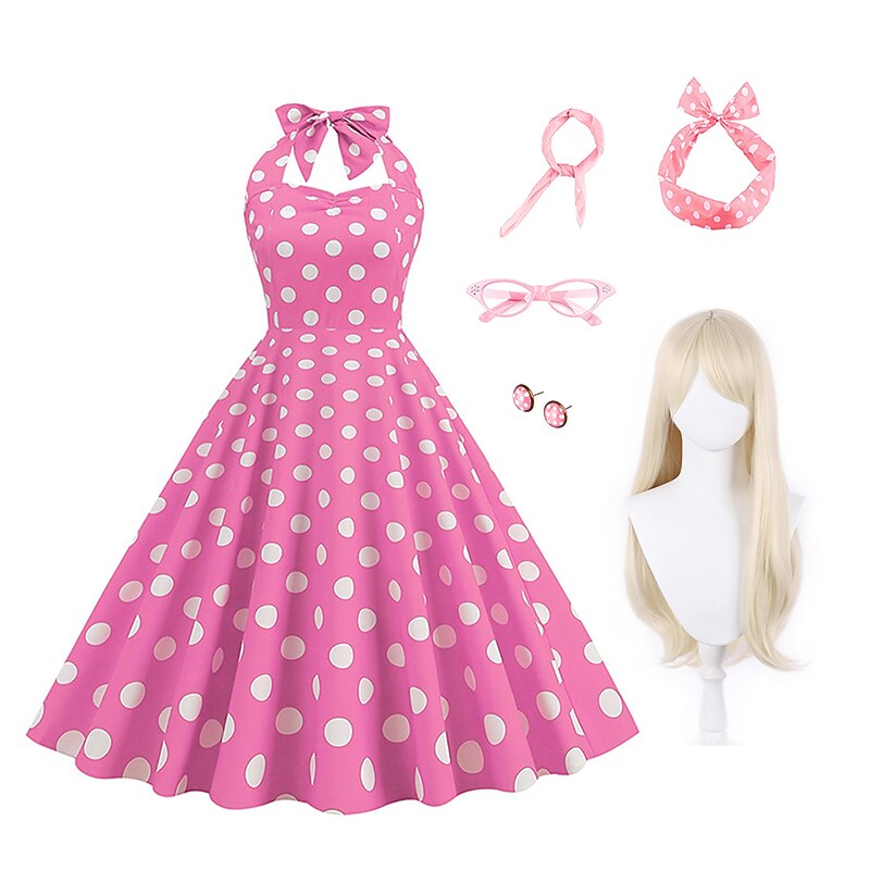 Women's A-Line Rockabilly Dress Polka Dots Halter Swing Dress Flare Dress with Accessories Set 1950s 60s Retro Vintage with Headband Scarf Earrings Cat Eye Glasses 5PCS For Vintage Swing Party Dress