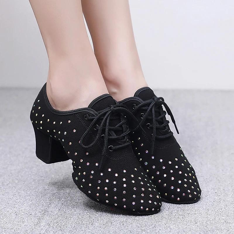 Women's Black Rhinestone Dance Shoes - Sparkling Suede Lace-Up Latin Ballroom Shoes with Comfortable Heel and Non-Slip Sole2
