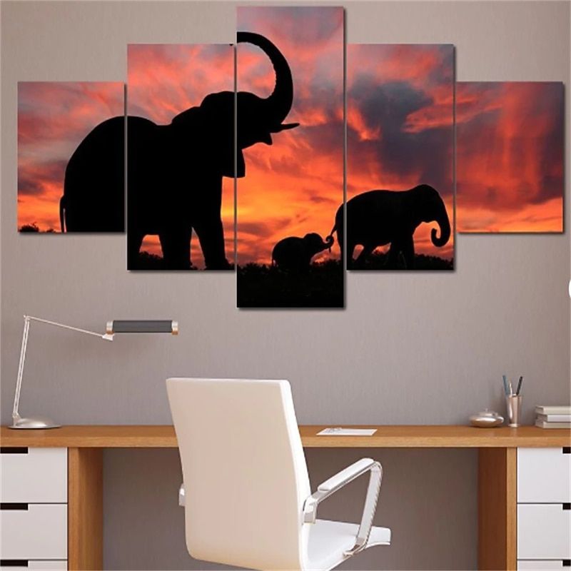 5 Panels Animals Prints Gracious Elephants Modern Wall Art Wall Hanging Gift Home Decoration Rolled Canvas Unframed Unstretched Painting Core
