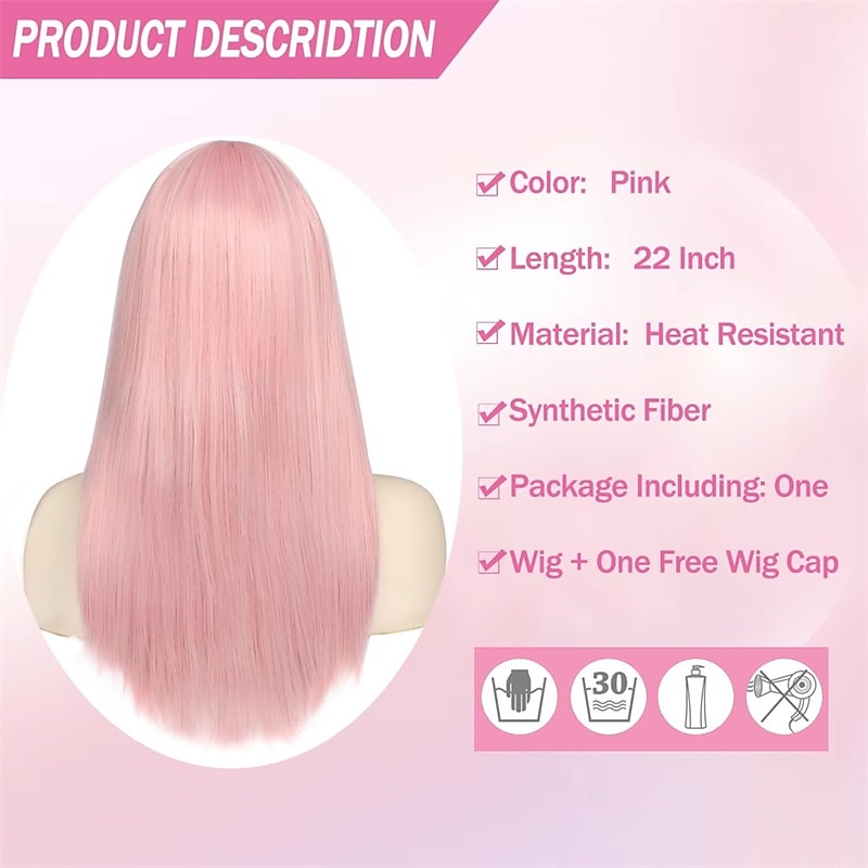 Long Straight Pink Wig with Bangs for Women 22 Inch Wig for Ryomen Sukuna Cosplay with Face tattoos Synthetic Heat Resistant Fiber Wig with Skinlike HD Wig Cap for Girls Daily Use4