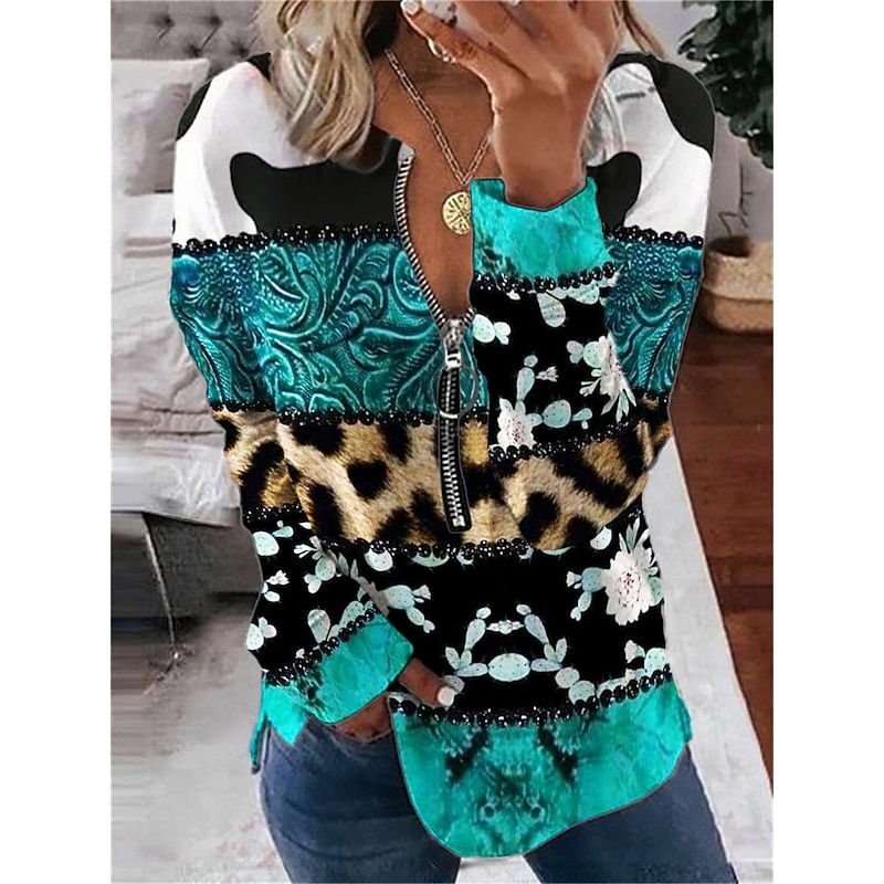 Women's Valentine Heart Sweatshirt Pullover Leopard Casual Sports Round Neck Print Quarter Zip Long Sleeve Black White Yellow Orange Green Fall & Winter3