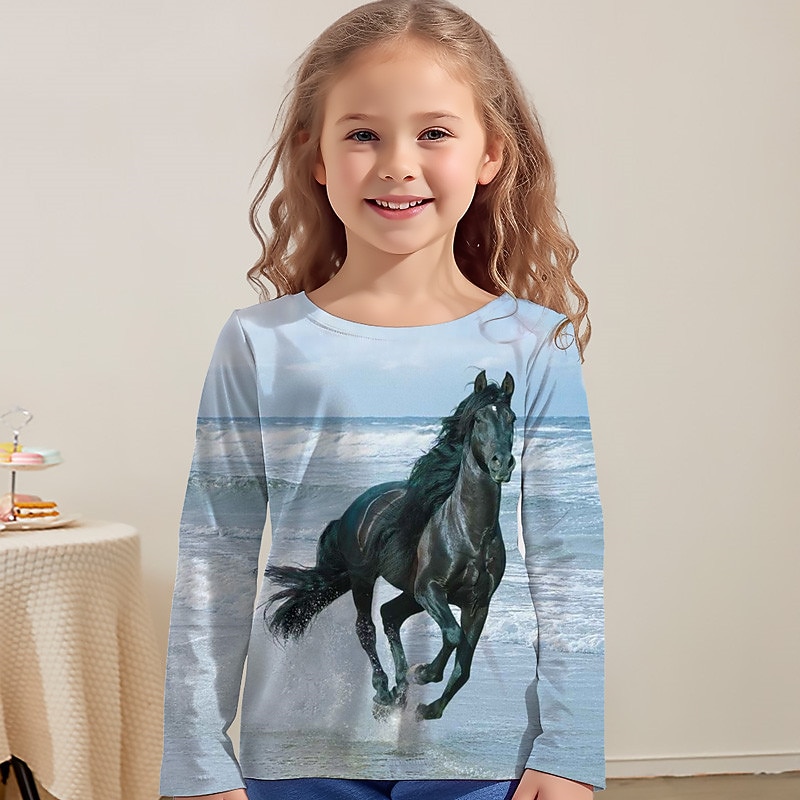 Girls' 3D Horse Tee Shirt Long Sleeve 3D Print Spring Fall Active Fashion Cute Polyester Kids 3-12 Years Crew Neck Outdoor Casual Daily Regular Fit3