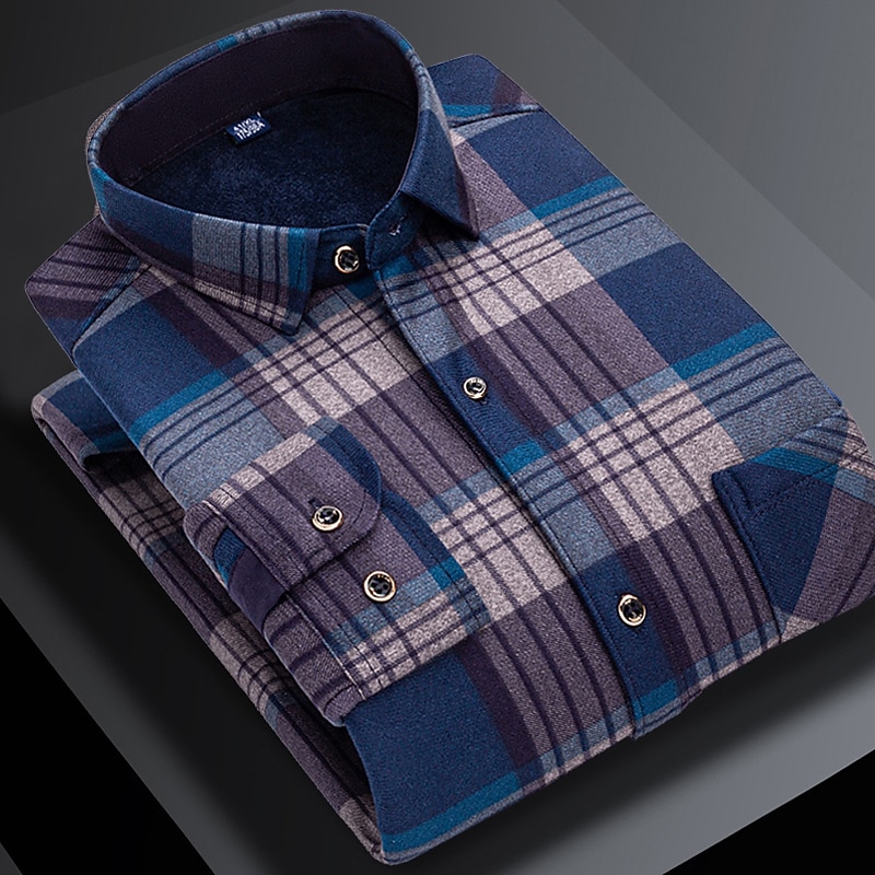 Men's Dress Shirt Plaid Shirt Collared Shirt Fleece Shirt Button Up Shirt Plaid Wedding Outdoor A B C D Long Sleeve Turndown Winter Clothing Apparel