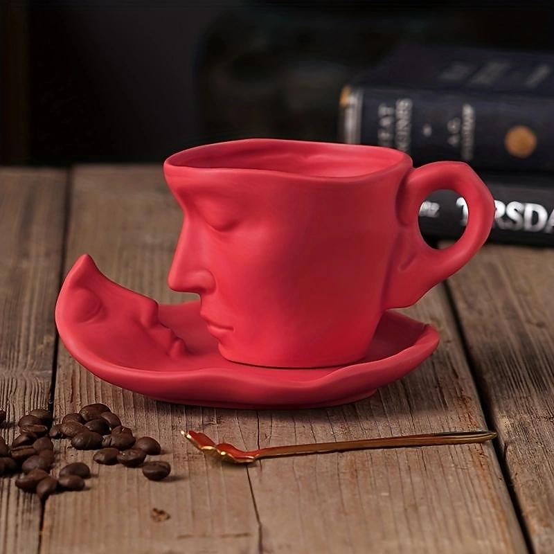 Unique Face Shaped Water Cup With Saucer, Creative Coffee Cup Set, Microwave And Dishwasher Safe2