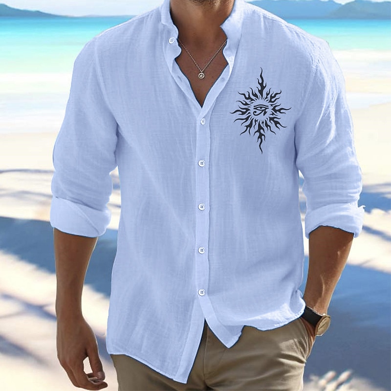 Men's Shirt Button Up Shirt Ethnic Shirt Sun Outdoor Vacation Black White Orange Green Long Sleeve Standing Collar Spring &  Fall Clothing Apparel Print4