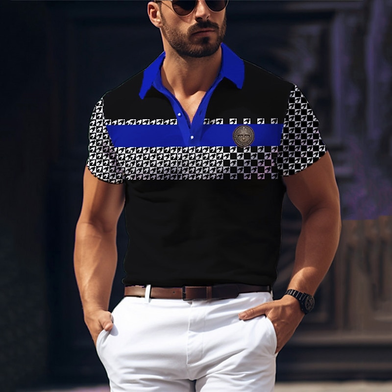 Men's Houndstooth Polo Shirts Golf Shirt Short Sleeve Polo Shirts Collared Shirts Business Casual WorkWear Formal Wear Festival Wear Buttons 3D Print Spring & Summer Yellow Red Blue2