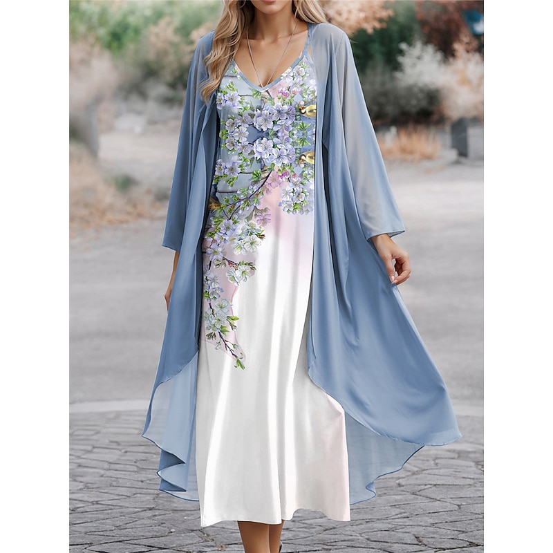 Women's Dress Set Casual Dress Chiffon Dress Swing Dress Fashion Streetwear Floral Geometric Print Long Dress Maxi Dress Long Sleeve V Neck Outdoor Vacation Black Blue Green Spring Regular Fit2