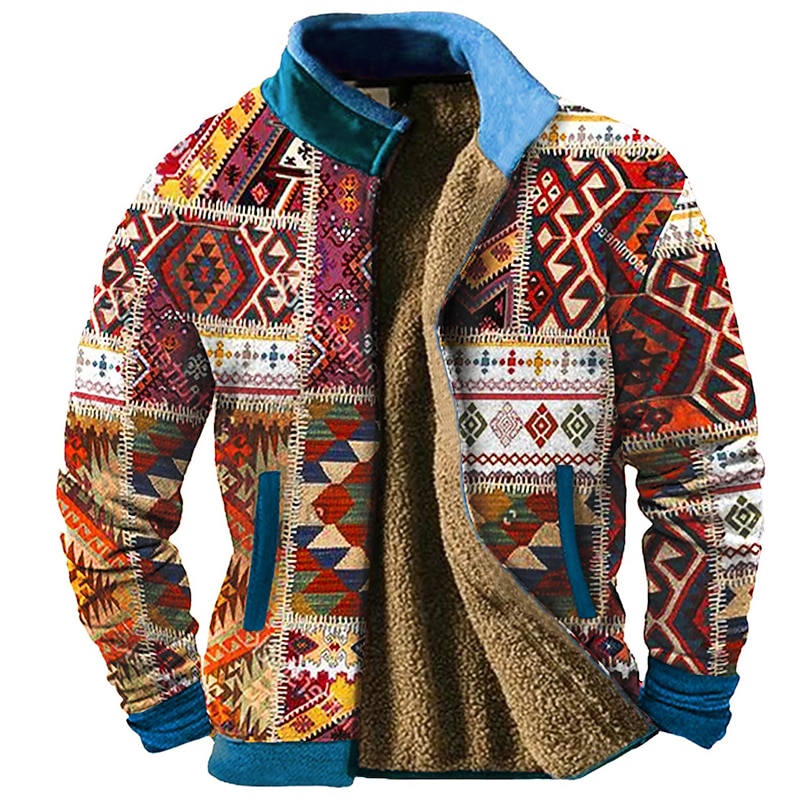 Men's Graphic Tribal Sweatshirts Zip Sweatshirt Fleece Jacket Outerwear Long Sleeve Sweatshirt Stand Collar Daily Casual Vintage Retro Vacation Holiday Going out Fleece Winter