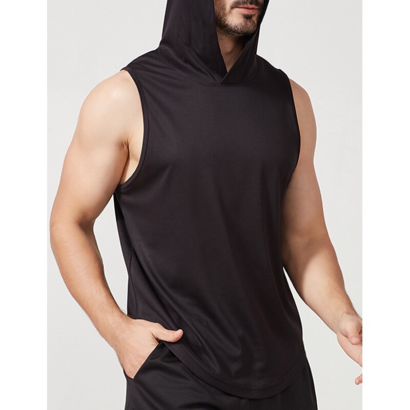 Men's Tank Top Gym Sleeveless Hoodie Hooded Sleeveless Sports & Outdoor Vacation Going out Casual Daily Gym Quick dry Breathable Soft Plain Black White Activewear Fashion Sport