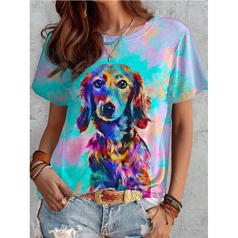 Women's T Shirt Fashion Funny Dog Print Short Sleeve Regular Tops Round Neck Daily Weekend White Yellow Blue Brown Gray Spring & Summer2