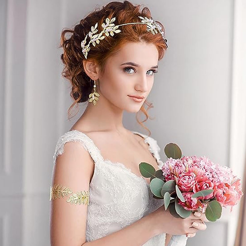 Fashionable Leaf Headband Pearl Necklace Earring Set Iron Wire Bracelet Bride Set2