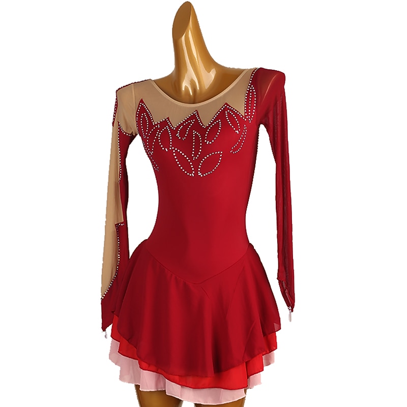 Figure Skating Dress Women's Girls' Ice Skating Dress Burgundy Patchwork Open Back Mesh High Elasticity Training Competition Skating Wear Classic Long Sleeve Ice Skating Figure Skating4