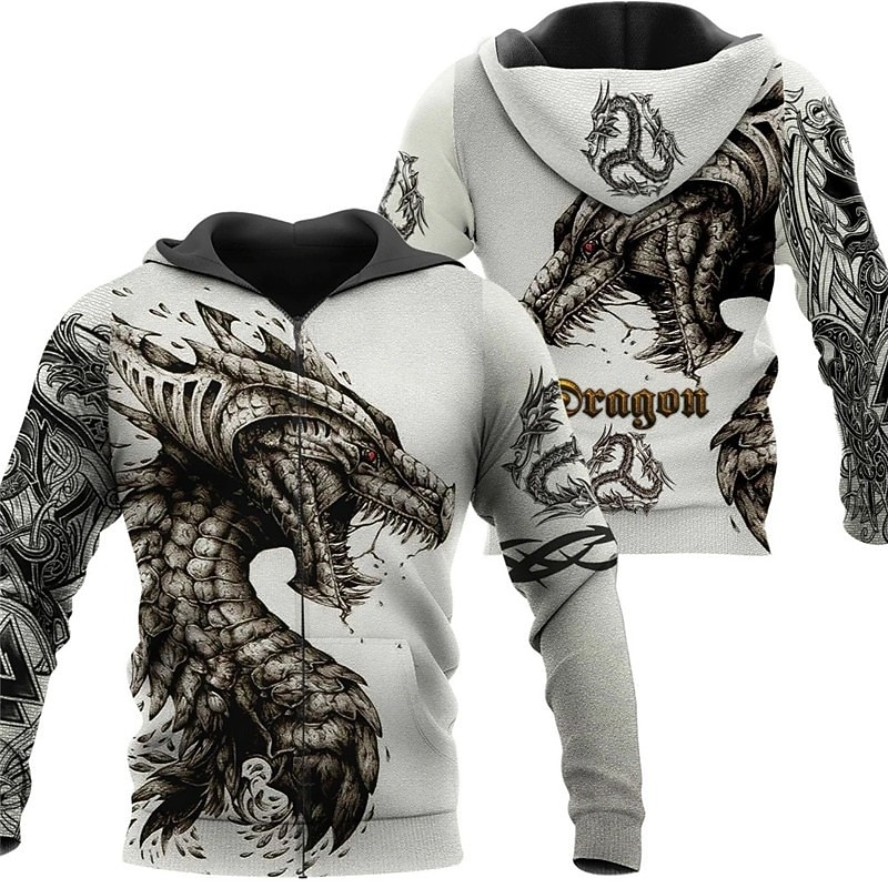 Men's Dragon Graphic Prints Hoodie Hoodies Sweatshirt Streetwear Designer Long Sleeve Hooded Sports & Outdoor Daily Sports Wine Red Red+Gray Zipper Print Spring &  Fall Designer4
