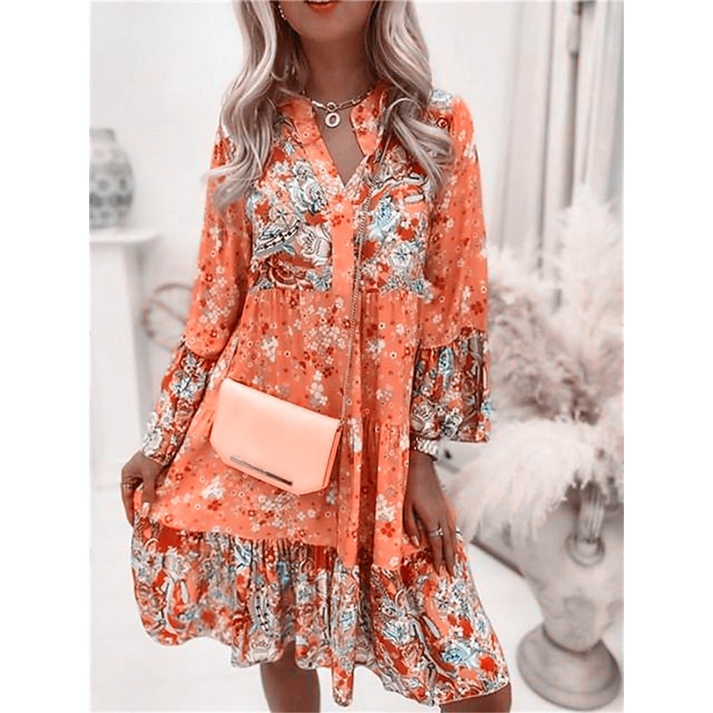 Women's Mini Dress Casual Dress Boho Dress Spring Dress Vacation Streetwear Vacation Street Holiday Regular Fit Floral Long Sleeve Split Neck Pink Blue Green Summer Spring4
